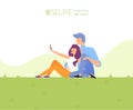 Web page design template. A couple takes a selfie on the lawn in the park. Selfie in harmony with nature.